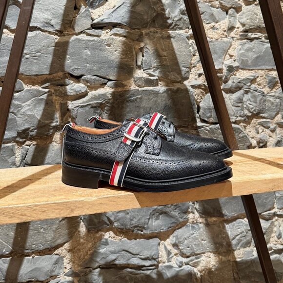 Thom Browne Other - Thom Browne Black Pebbled Grosgrain Tricolour Strap Long Wingtip Shoes